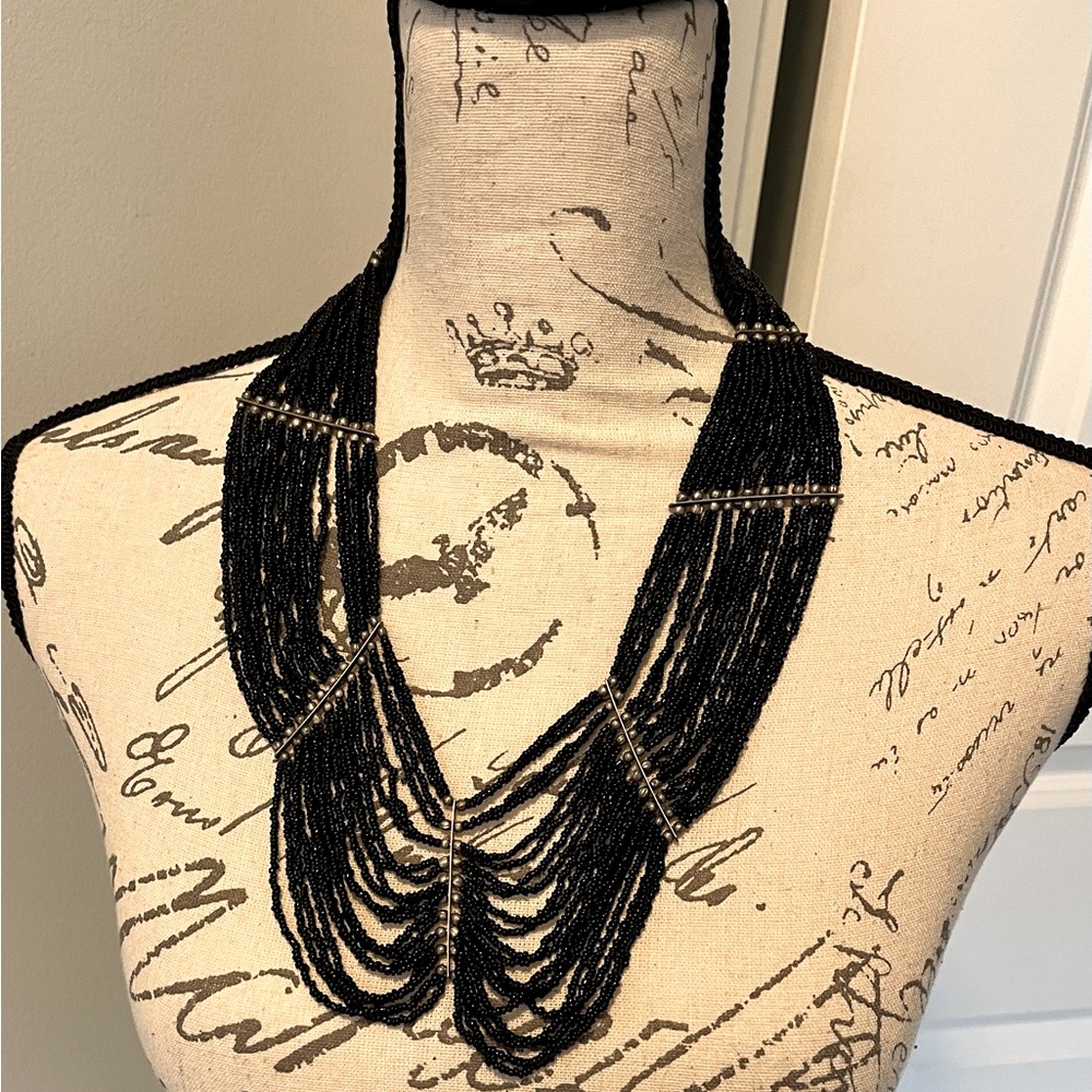 Vintage Multi Strand Hand Strung, Native, Black Seed Bead, Cleopatra Necklace.